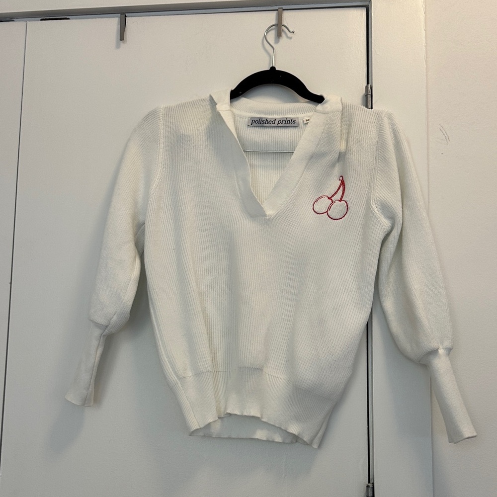 White V-Neck Sweater with Cherry Detail